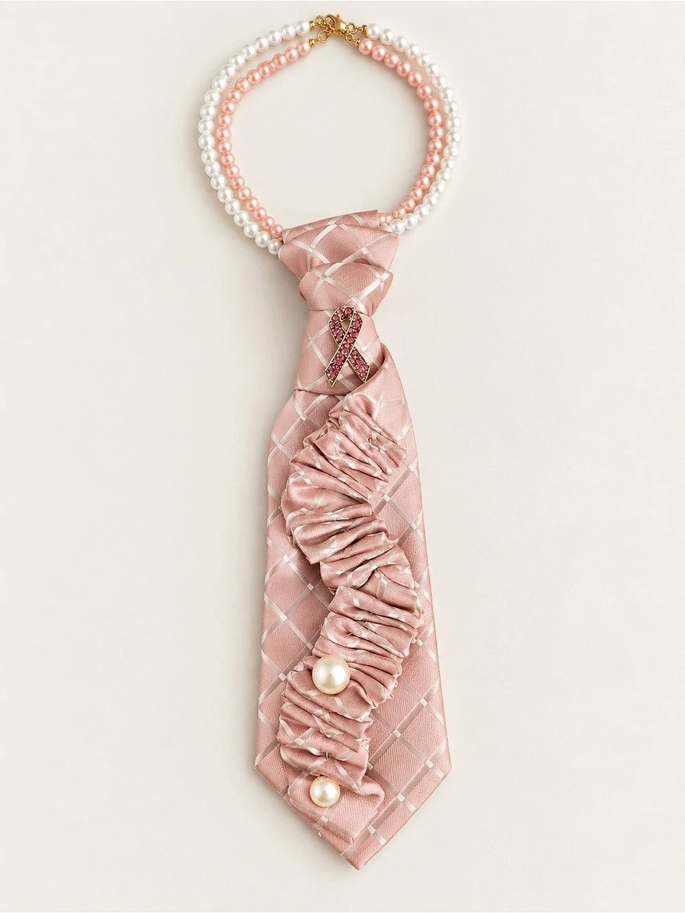 Blush Ribbon of Hope – Handmade Necktie Necklace with Pearls for Breast Cancer A